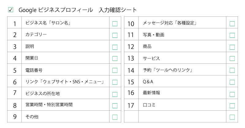 Googleビジネスプロフィールの入力確認シート。
