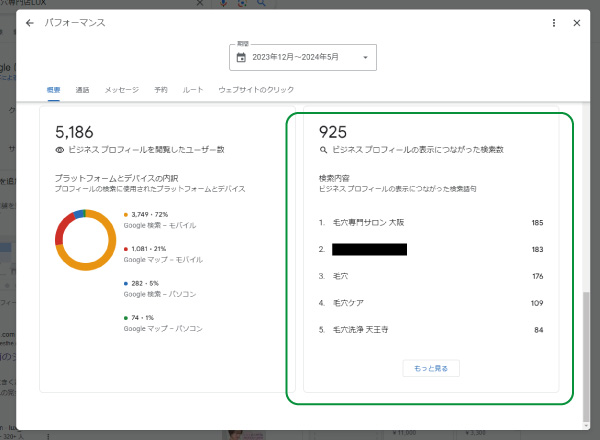 美ヨウ部、グーグルビジネスプロフィール編。MEO対策。パフォーマンスの確認して概要の一番下にある検索語句をチェック