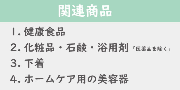 4.ホームケア用の美容器3.下着「医薬品を除く」2.化粧品・石鹸・浴用剤1.健康食品関連商品