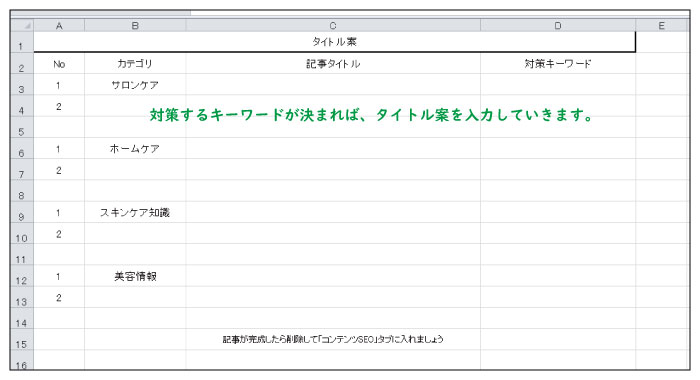 コンテンツSEO対策の記事タイトルと対策キーワード候補一覧表