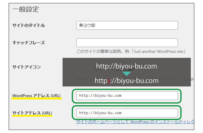 美ヨウ部、自分でサロンのホームページ作成しよう。ワードプレス側のSSL化の設定。一般設定でURLにSをつける