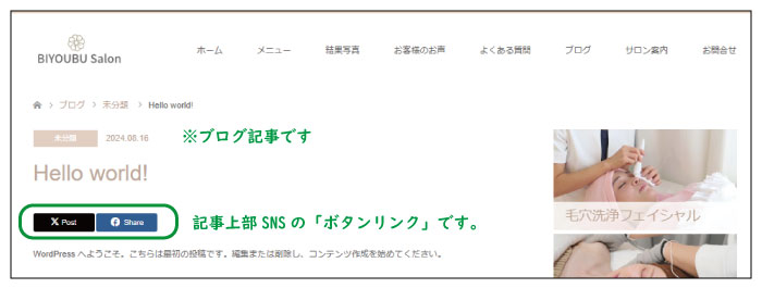 美ヨウ部、自分でサロンのホームページ作成しよう。外部SEO対策。SNSボタンリンクの設置画像