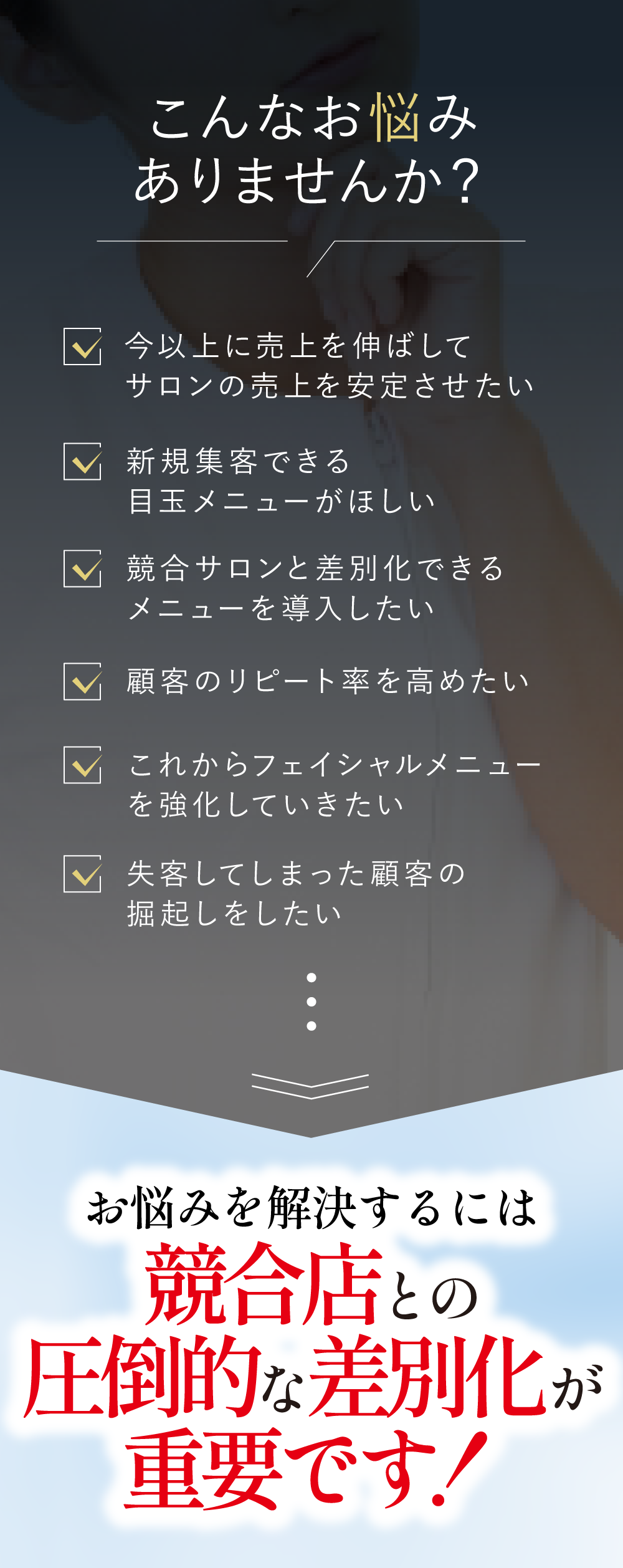 エステサロンのこんなお悩みありませんか？お悩みを解決するには競合店との圧倒的な差別化が重要です。